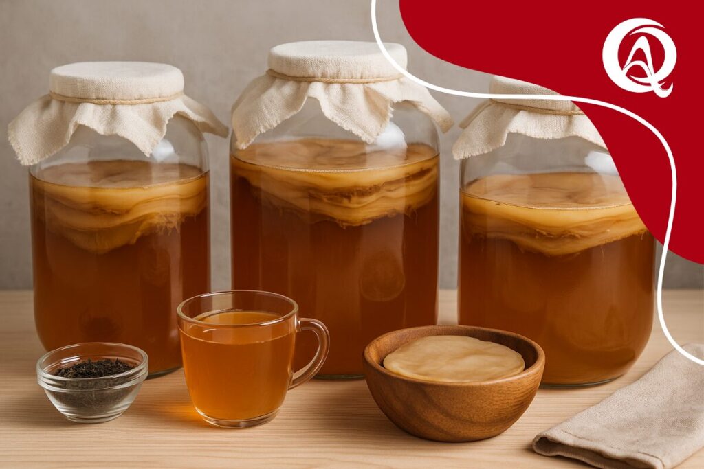 Imagem que contém potes com kombucha.